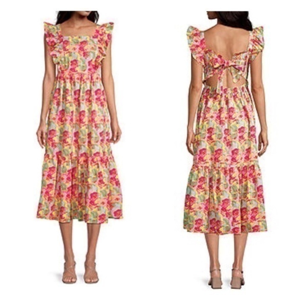 NWT Peyton & Parker Floral Ruffle Trim Tie Open Back Midi Dress Medium M AE13